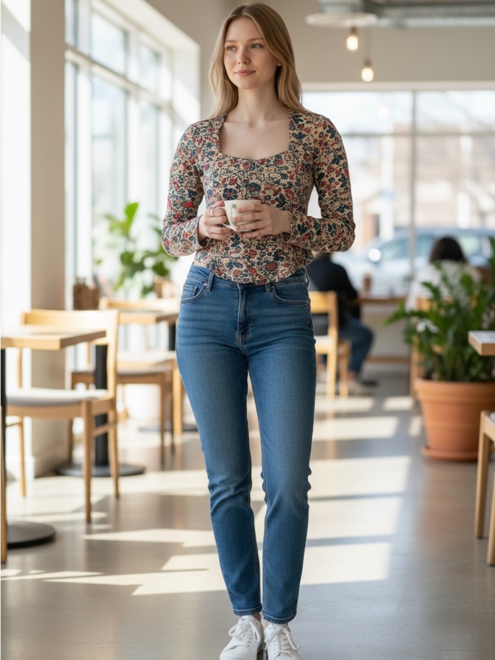 Free People Floral Cutout Long Sleeve Crop Top - Cream, Red, Green, Blue